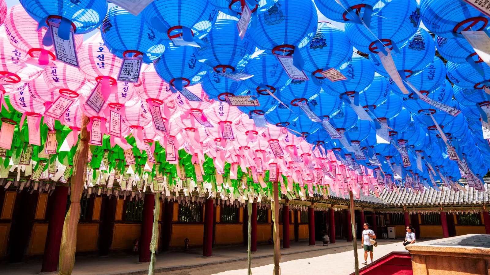 File di lanterne blu, rosa e verdi sospese sopra il cortile di un tempio